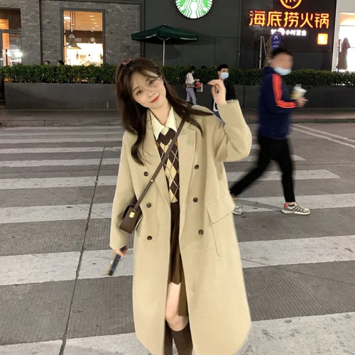 Woolen coat women's autumn and winter Hepburn style straight thickened cotton small over the knee mid-length oatmeal coat