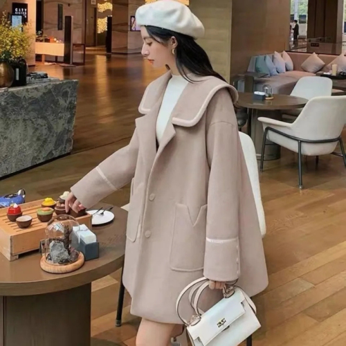 College style coat for women mid-length woolen coat for women autumn 2024 fashionable loose woolen coat for small people