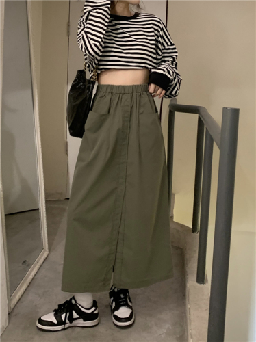 Real shot!  Army green workwear skirt for women Korean style high waist retro loose mid-length versatile slit skirt