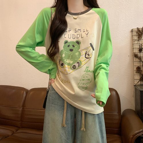 Actual shot of 2024 new autumn bear pattern printed raglan sleeves long-sleeved T-shirt loose casual versatile niche tops