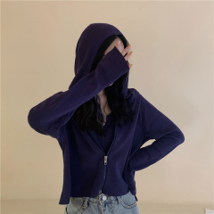 Photographed Genuine New Double Zip Hooded Short-Sleeve Knit Cardigan