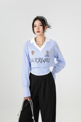 Curriges new autumn hot girl sexy striped slim fit v-neck long-sleeved shirt tube top two-piece set