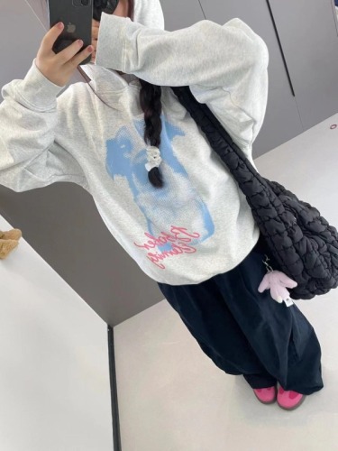 American contrasting color dog print hooded sweatshirt for women 2024 early autumn loose slim casual versatile pullover top