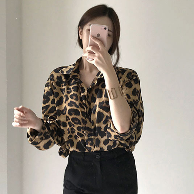 韓國chic秋季復古豹紋印花翻領單排扣寬鬆休閒百搭長袖襯衫上衣女