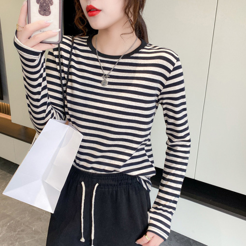 Colorful cotton striped long-sleeved T-shirt for women 2024 new pure cotton inner layering shirt spring and autumn