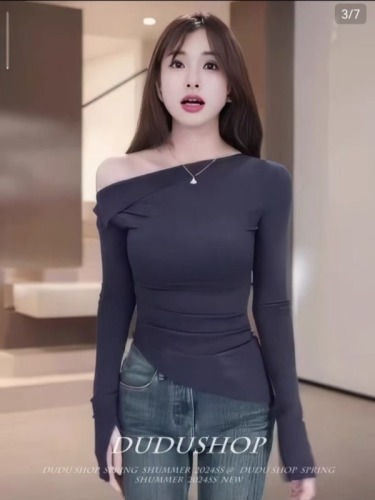 2024 Autumn New Style Fashion Style Slant Collar Off Shoulder Solid Color Versatile Design Slim Slim Long Sleeve T-Shirt