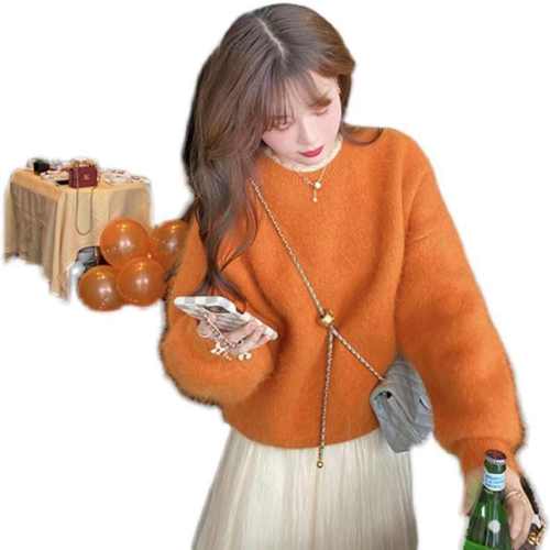 Raccoon velvet orange sweater for women in autumn and winter new fashionable and chic high-end soft waxy top