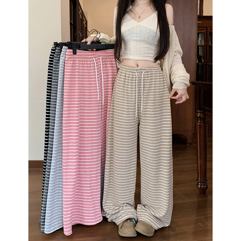 Photographed! 2024 Striped Wide-Leg Pants with Belted Loose Waist Casual Straight Leg Pants for Women
