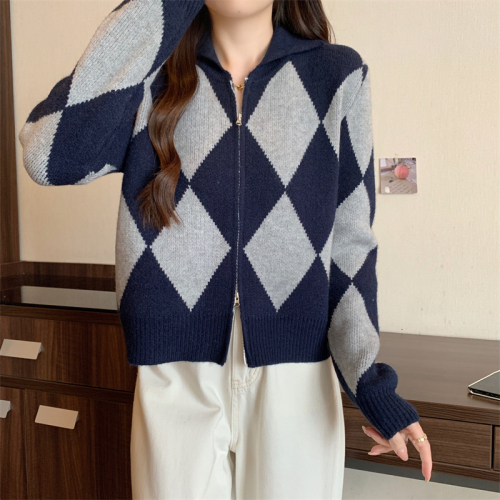 Actual shot ~ early autumn new large size casual rhombus double-headed zipper cardigan sweater