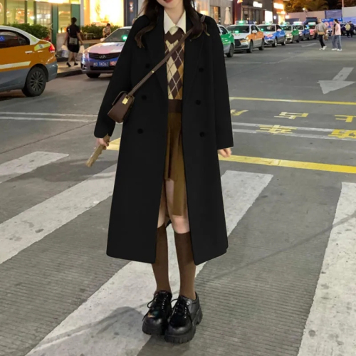 Woolen coat women's autumn and winter Hepburn style straight thickened cotton small over the knee mid-length oatmeal coat