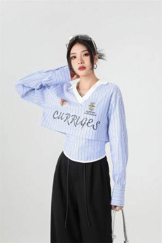 Curriges new autumn hot girl sexy striped slim fit v-neck long-sleeved shirt tube top two-piece set