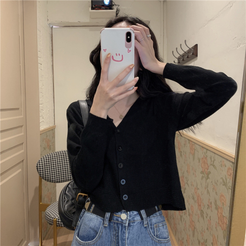 Real photo Real V-neck cardigan with long-sleeved small jacket short knitted sweater