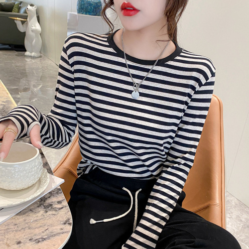 Colorful cotton striped long-sleeved T-shirt for women 2024 new pure cotton inner layering shirt spring and autumn