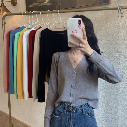 Real photo Real V-neck cardigan with long-sleeved small jacket short knitted sweater