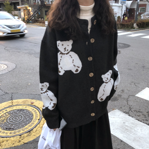 Korean new retro chic loose thickened bear cardigan long-sleeved sweater sweater jacket for women