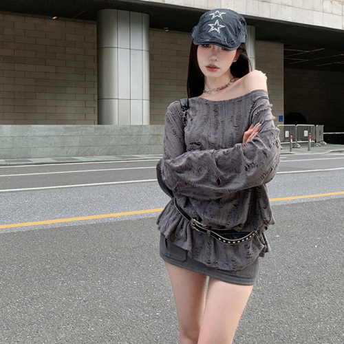 Original fabric Gray hole-out T-shirt long-sleeved loose lazy style one-shoulder blouse