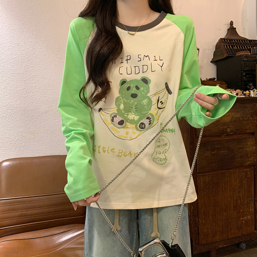 Actual shot of 2024 new autumn bear pattern printed raglan sleeves long-sleeved T-shirt loose casual versatile niche tops