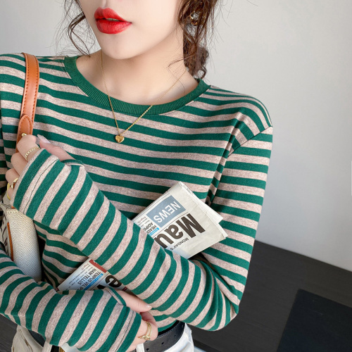 Colorful cotton striped long-sleeved T-shirt for women 2024 new pure cotton inner layering shirt spring and autumn