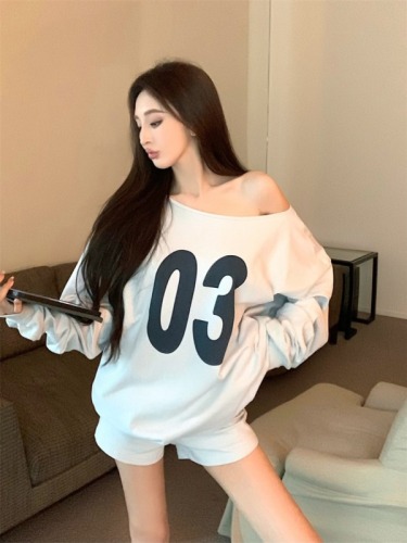 Real shot American fashion retro temperament lazy loose sweatshirt shorts suit