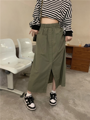 Real shot!  Army green workwear skirt for women Korean style high waist retro loose mid-length versatile slit skirt