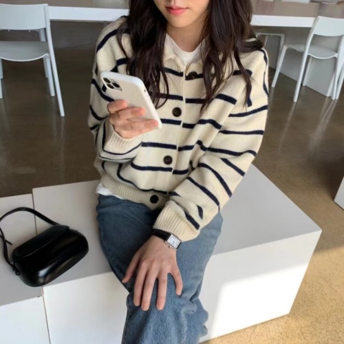 Korean chic autumn and winter retro style lapel single-breasted casual loose versatile striped knitted cardigan sweater for women