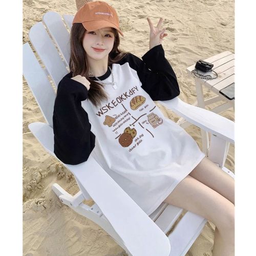 High quality pure cotton 200g 21 count combed precision printed autumn color matching long sleeve T-shirt for women