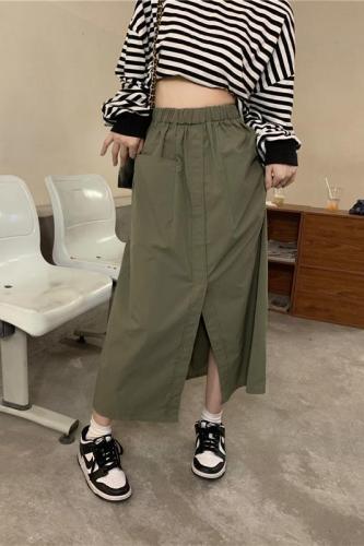 Real shot!  Army green workwear skirt for women Korean style high waist retro loose mid-length versatile slit skirt