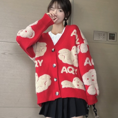 Sweater coat spring and autumn women's clothing new style lazy style ins Korean style loose knitted cardigan