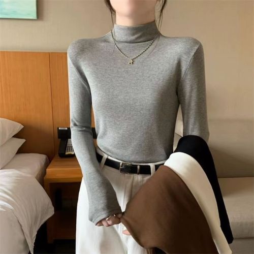 Half turtleneck inner layering shirt women's slim long-sleeved T-shirt plus velvet thickened top