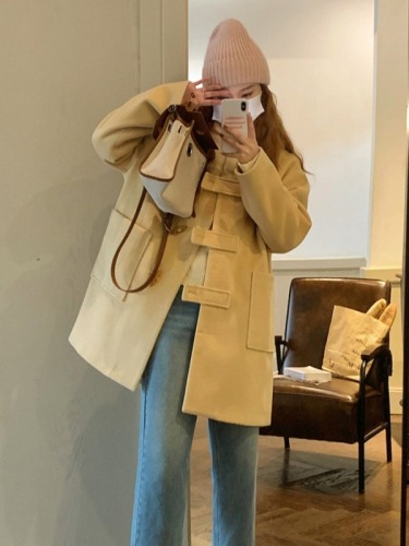 Horn button woolen coat for women 2024 autumn and winter woolen coat new style British style Korean style popular this year thickened