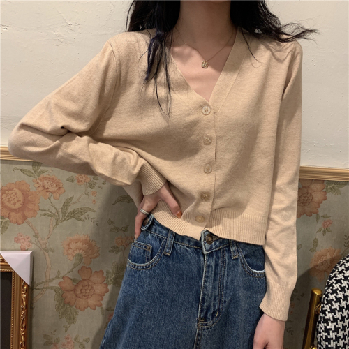 Real photo Real V-neck cardigan with long-sleeved small jacket short knitted sweater
