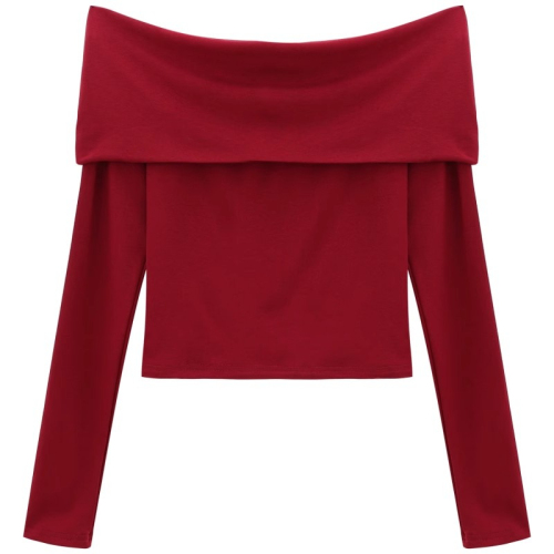 Retro one-shoulder long-sleeved female spring niche hot girl slim short bottoming shirt red inner top