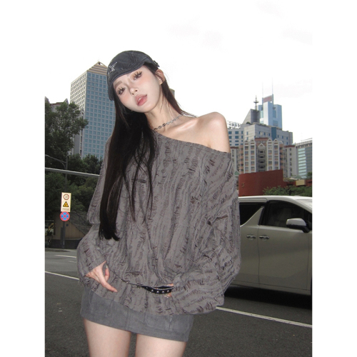 Original fabric Gray hole-out T-shirt long-sleeved loose lazy style one-shoulder blouse