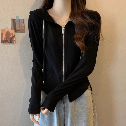 Original workmanship large size hooded double zipper irregular long-sleeved T-shirt bottoming shirt for women autumn fat MM right shoulder top