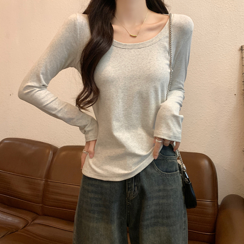 Real shot of Korean style autumn new slim solid color round neck long sleeve slim slim T-shirt for women