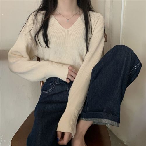 Photographed in Real Autumn Korean Loose V-Neck Long-Sleeve Knit Sweater for Women