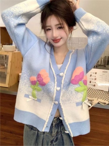 Korean v-neck color-blocked knitted cardigan sweater for women in autumn and winter, sweet, soft and waxy commuting versatile top that covers flesh and reduces age.