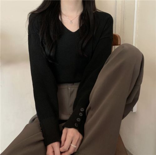 Photographed in Real Autumn Korean Loose V-Neck Long-Sleeve Knit Sweater for Women