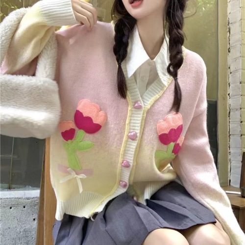 Korean v-neck color-blocked knitted cardigan sweater for women in autumn and winter, sweet, soft and waxy commuting versatile top that covers flesh and reduces age.