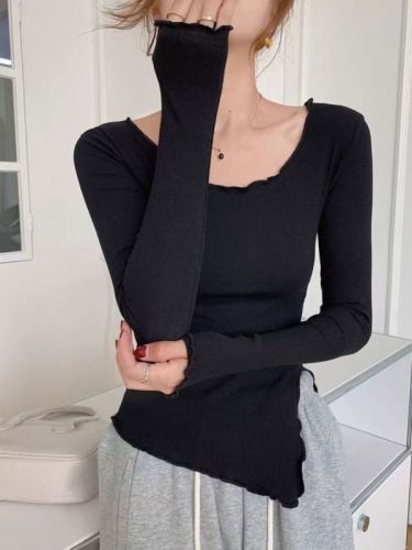 Pure lust-style low-necked high-waisted long-sleeved fungus high-waisted short design T-shirt top for women