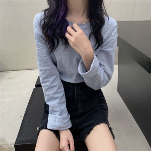 Real shot, real solid color clean version, loose, lazy and versatile long-sleeved bamboo cotton T-shirt top