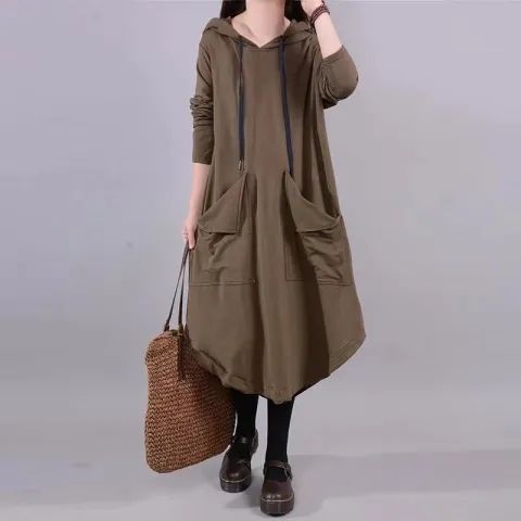 2024 Autumn New Plus Size Women's Loose Literary Long-Sleeve Large Pockets Knee-Length Cover-Belly Hooded Dress