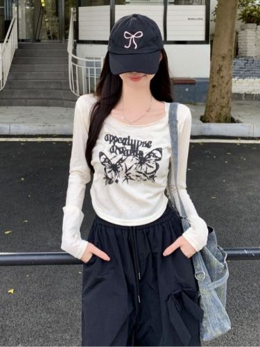 Actual shot of 2024 autumn long-sleeved T-shirt for women with micro-transparent printing