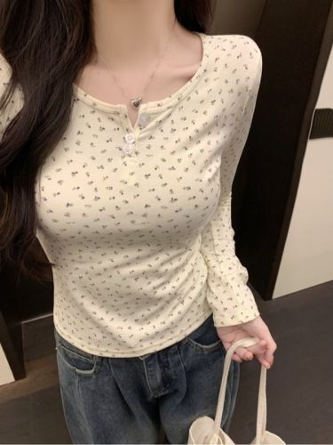 Actual shot of new large size 40 count pure cotton 92 cotton/8 spandex 2024 autumn long-sleeved T-shirt for women with floral buttons