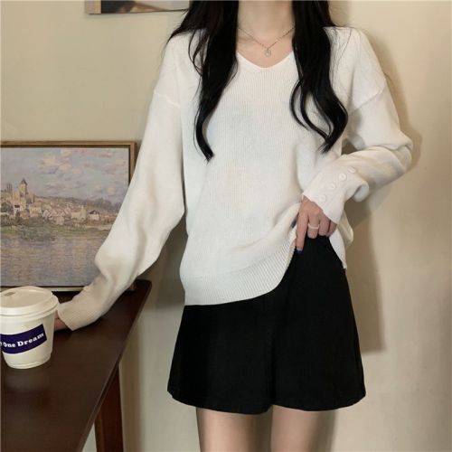 Photographed in Real Autumn Korean Loose V-Neck Long-Sleeve Knit Sweater for Women