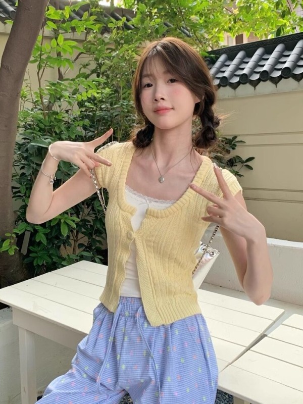 kumikumi design twist knitted short-sleeved cardigan women's summer petite slim chic Korean top