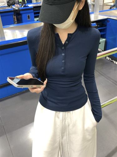 Actual shot of autumn Korean style slim fit button design, versatile pure cotton long-sleeved T-shirt bottoming top for women
