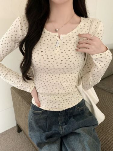 Actual shot of new large size 40 count pure cotton 92 cotton/8 spandex 2024 autumn long-sleeved T-shirt for women with floral buttons