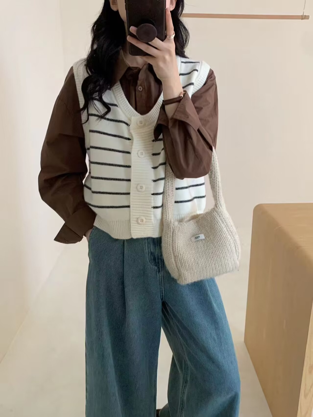Korean style college style striped button V-neck vest for little girls, versatile casual vest for spring