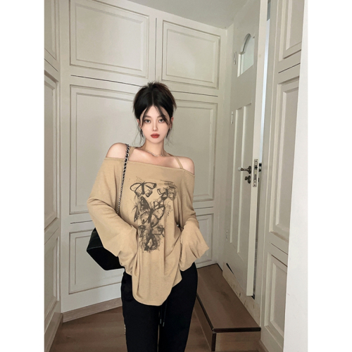 One shoulder T-shirt women's summer blouse long-sleeved loose lazy style top